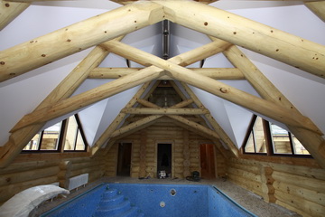 Тканевые потолки Clipso в помещении бассейна из бревна