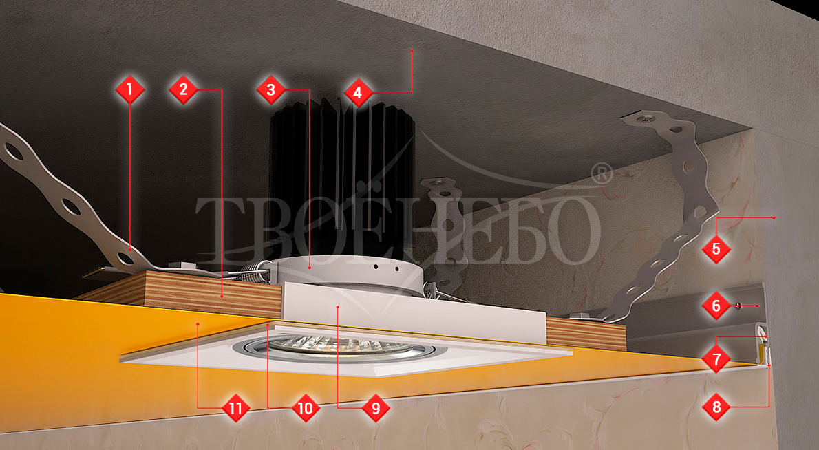 схема монтажа квадратного светильника в натяжной потолок