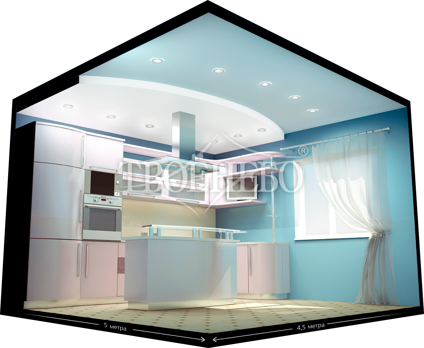 комбинированный двухуровневый натяжной потолок на кухню