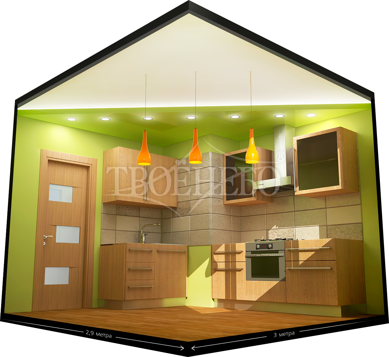 двухуровневый натяжной потолок на кухне с подсветкой