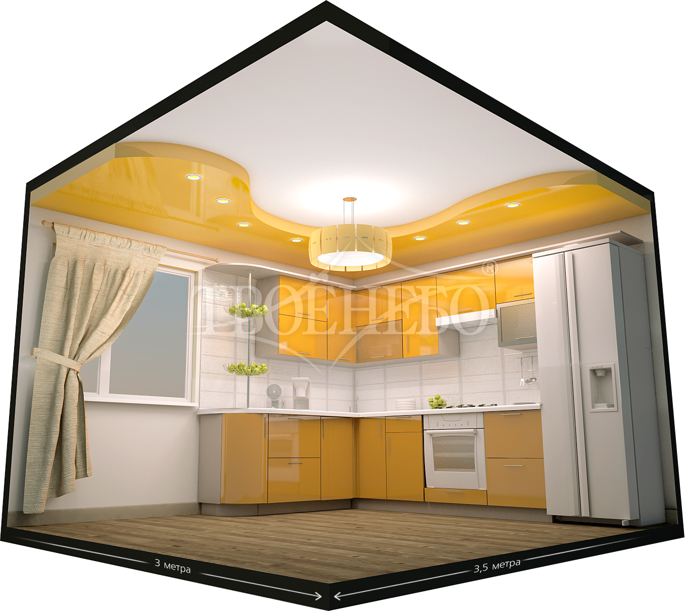 двухуровневый натяжной потолок для кухни